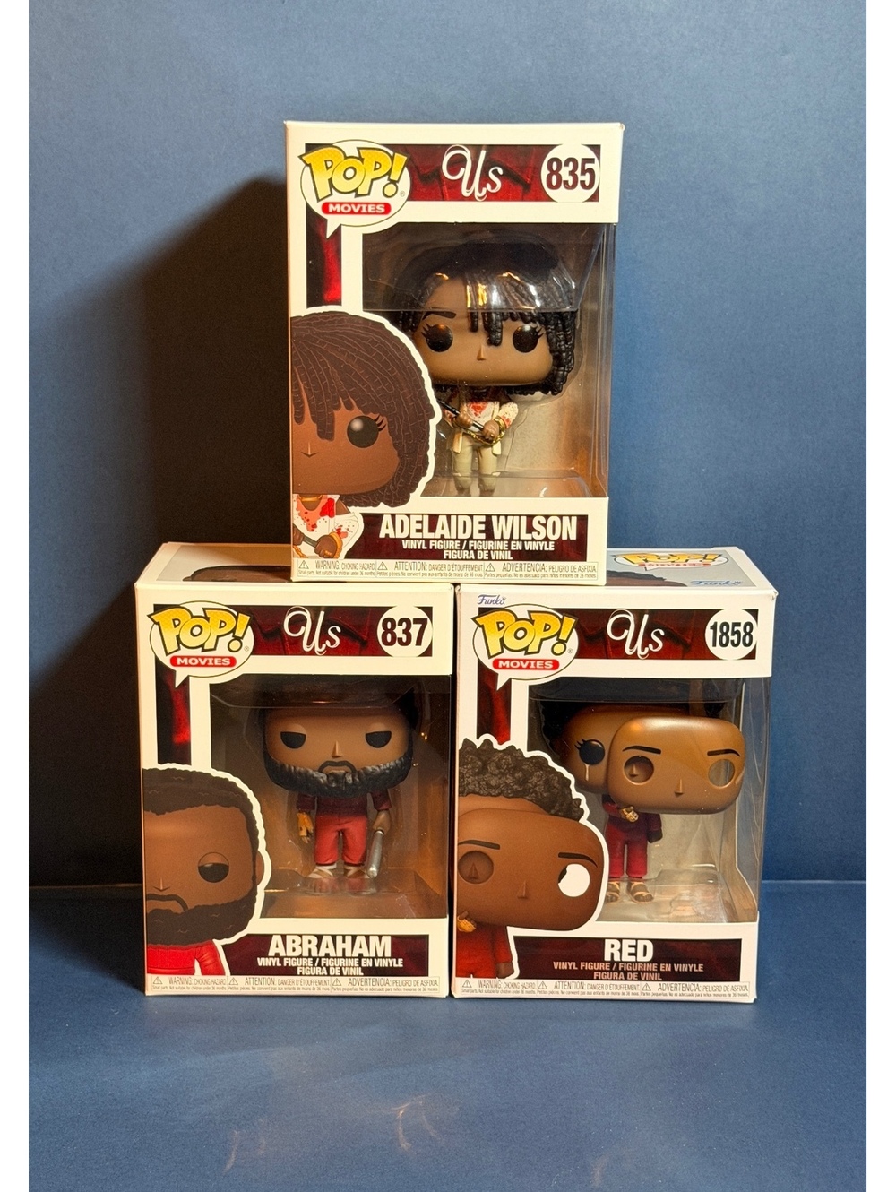 Funko Pop! Movies: Us - Adelaide Wilson #835, Red #836 & Abraham 837.